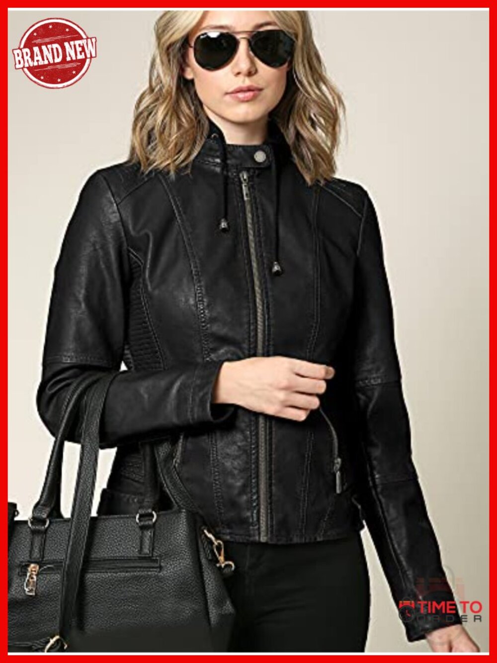 Faux Leather Moto Biker Jacket Coat with Removable Hood - Picture 6 of 6